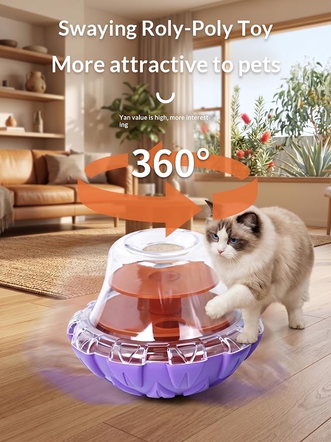Tumbler Treat Dispenser, Pet Puzzle Slow Feeder Toy for Cats and Dogs, Wobbling Interactive Toy with Transparent Window, Maze-Style Baffle Increases Difficulty, PP Eco-Friendly Material, Purple