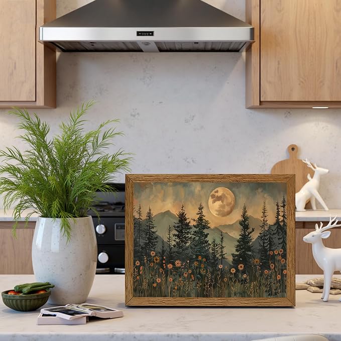 JLTULT Vintage Pine Tree Wall Art, Moonlit Wood-Framed Canvas, 8 x 10 In | Moonlit pine forest with wildflowers, fade-resistant canvas and ready-to-hang frame for bedrooms, living rooms and offices