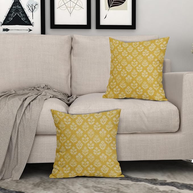 Yellow Floral Block Print Pillow Covers 16x16 Inch Set of 2, Vintage Flower Pattern Decorative Throw Pillowcases Outdoor Farmhouse Cushion Covers Spring Summer Rustic Sofa Couch Bed Decor