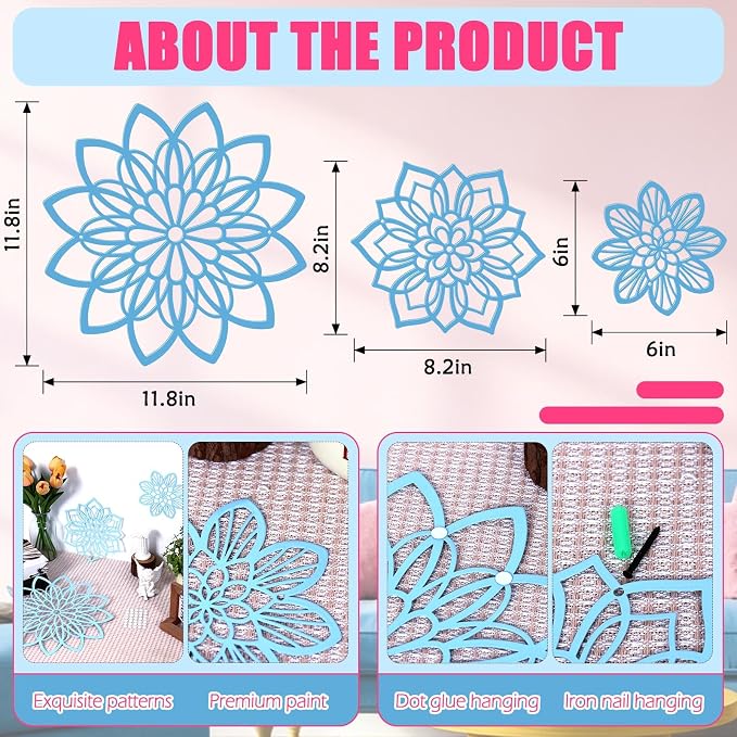 Zzbakress 3 Pcs Metal Flowers Wall Art Bathroom Wall Decor (Blue Elegant) | Farmhouse Flower Bathroom Decor Wall Decorations For Bathroom, Living Room, Office, Kitchen, Hallway And Outdoor