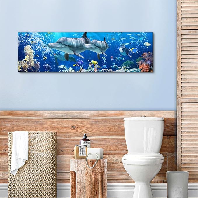 Large Dolphin Wall Art for Bathroom Nautical Theme Picture Ocean Coastal Room Decor Nature Blue Seascape Painting Prints Under The Sea World Landscape Poster Artwork Living Room Decorations 14x48"