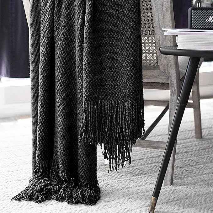 LOMAO Knitted Throw Blanket with Tassels Bubble Textured Lightweight Throws for Couch Cover Home Decor (Black, 60x80)