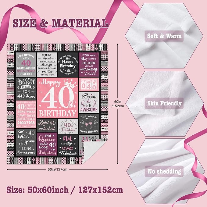 Ivivis 40th Birthday Gifts Women Blanket 60”X50”, 40th Birthday Decorations for Women, Happy Forty Birthdays Gift Ideas for Woman, 1986 Birthdays Gifts for 40 Year Old Woman Throws