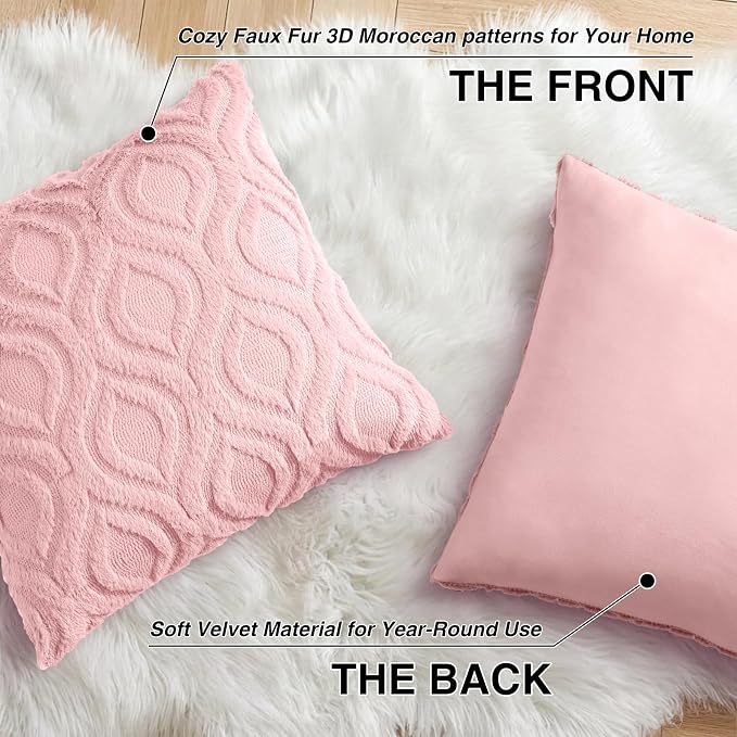 decorUhome Faux Fur Plush Soft Pink Throw Pillow Covers 24x24 Set of 2 | Plush Solid Fall Couch Pillow Covers, Accent Modern Farmhouse Neutral Decorative Square Pillow Cases for Sofa Bed Living Room