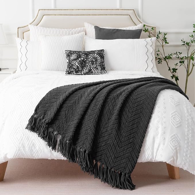 BATTILO HOME Dark Grey Throw Blanket for Couch, 50"x60" | Knit Charcoal Throw Blanket Versatile for Chair, Super Soft Warm Grey Blanket with Tassels for Bed, Sofa and Living Room
