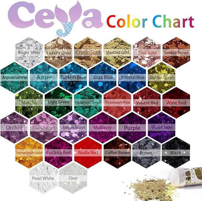 Ceya Chunky Glitter Set 32 Colors, 11.28 oz/ 320g Craft Glitter Powder Mixed Chunky Fine Sparkle Flakes Each 15ml Iridescent Nail Sequins for Epoxy Resin Nail Art Tumbler Slime Festival Decor