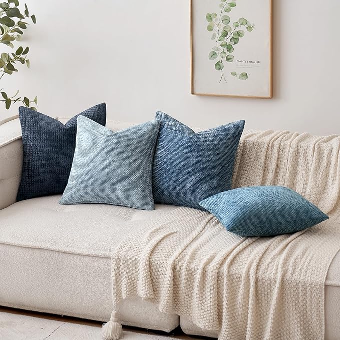 MIULEE Decorative Couch Throw Pillow Covers 20x20 Inch Coastal Blue 2 Pack | Modern Boho Accent, Soft Chenille Pillow Covers, Farmhouse Cushion Cases for Home Decor Bed Sofa Living Room