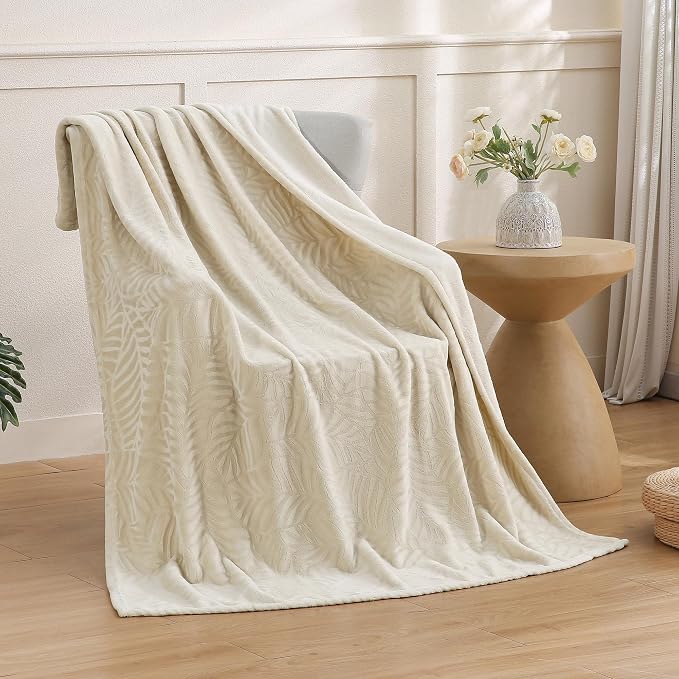 Super Soft Flannel Fleece Throw Blanket, 50 x 60 Inches, Linen | Lightweight Cozy Warm Leaves Textured Plush Blanket for Bed Couch Sofa