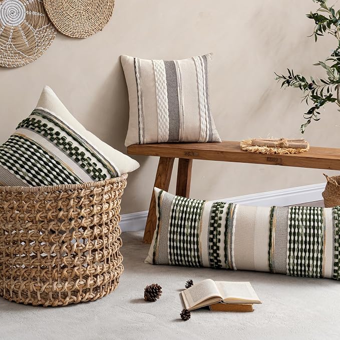 ANRODUO Boho Decorative Pillow Covers 20x20 Dark Green Stripe Pack of 2 | Throw Pillow Covers, Farmhouse Cushion Case, Chenille Pillow Cases, Pillow Covers, Accent Neutral Pillowcase for Sofa Couch