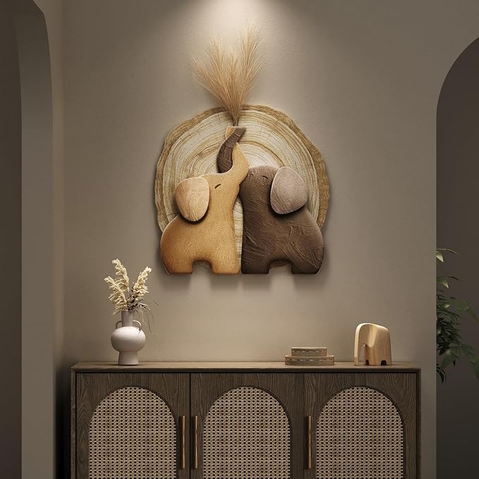 3D Textured Elephant Brown Minimalist Wall Art for Dining Room, 24x24 Inch | With faux greenery, Tree ring texture, Natural, Modern, Animal wall decor, Artwork for walls, for Living room, Hallway