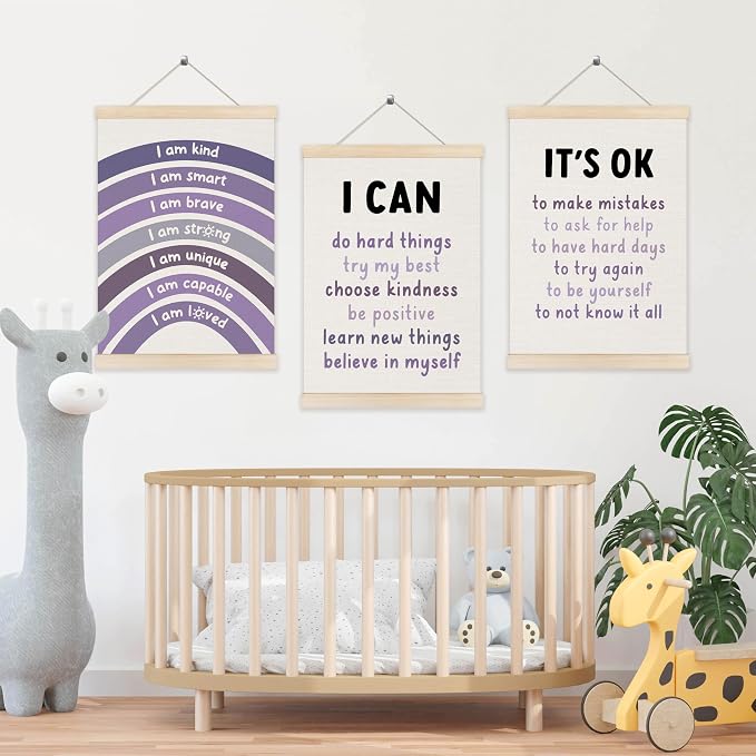 Koesus Inspirational Classroom Purple Rainbow Wall Art Poster Hanger Frame 12x16 Inch Set of 3, Positive Affirmations for Kids, Motivational Canvas Prints Framed Wall Decor for Classroom Kids Room