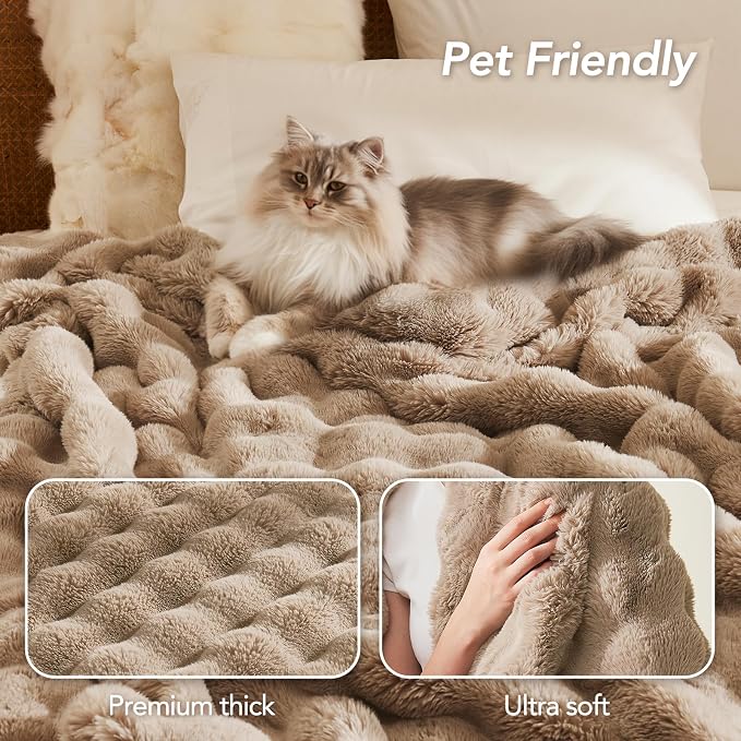 L'AGRATY Faux Rabbit Fur Throw Blanket for Couch, 50'' x 60'', Light Linen | Soft Cozy Bubble Fluffy Blanket for Sofa Bed, Thick Warm Plush Fuzzy Throw for Room Home Decor, Luxury Gift for Women Mom