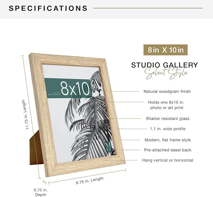 MCS Studio Gallery 8x10 Picture Frame Natural Woodgrain Engineered Wood, Vertical & Horizontal Wall Hanging & Easel for Tapletop Display, Rectangle Photo Frame for Photos, Posters & Art Prints (1-Pack)