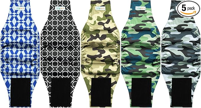 Langsprit Small Male Dog Diapers for Doggie Puppy,Reusable Belly Bands for Male Dogs Wraps,Washable Doggy Dog Diapers Medium Large in Incontinence 5 Pack (Camo Geometry, Medium)