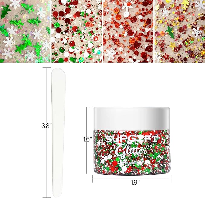Christmas Body Glitter Gel SUPGIFT 4 Colors 8.5oz Holographic Chunky Mermaid Iridescent Laser Liquid Star Flower Leaf Sequins for Makeup Face Eyeshadow Hair with Spoon