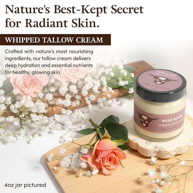 Whipped Tallow Cream for Skin - 100% Organic & Chemical-Free - Deep, Long-Lasting Hydration & Nourishment for Dry & Sensitive Skin (Rose-Infused 2oz)