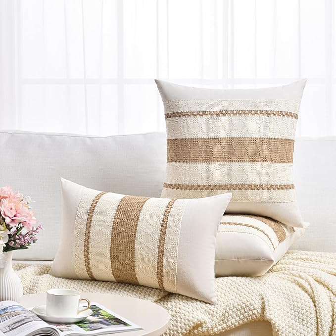 Fancy Homi Set of 1 Boho Neutral Decorative Throw Pillow Cover 14x14 Inch for Couch Bed Sofa, Aesthetic Modern Organic Farmhouse Home Decor, Soft Cotton Cute Macrame Woven Tan Cushion Case Gift