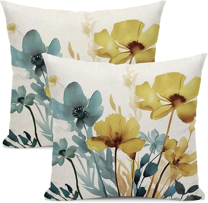Spring Floral Pillow Covers 16x16 Inch Set of 2 Blue Yellow Floral Throw Pillow Cover Outdoor Modern Summer Flower Decoration Pillowcase Farmhouse Decorative Linen Cushion Cover for Home Sofa