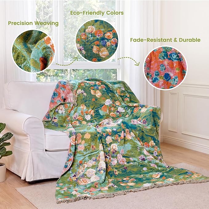 MSGKV Boho Throw Blanket 50"x60" Cotton Floral Muslin Blanket for Sofa | Cotton Floral Throw, Muslin Blanket, Summer Lightweight, Breathable Comfort, Farmhouse Decor, Couch Throw, Machine Washable