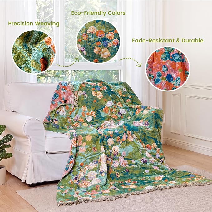 MSGKV Boho Throw Blanket 60"x80" Cotton Floral Twin Blanket for Bed & Couch | Twin Size Cotton Throw, Muslin Blanket, Summer Breathable, Lightweight Comfort, Farmhouse Decor, Machine Washable