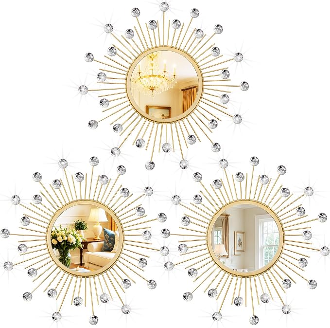 3 Pack Metal Mirrors for Wall Sunburst Wall Mirrors Home Décor Decorative Hanging Wall Art for Living Room Bedroom Entryway (Gold Crystal, Sunburst)