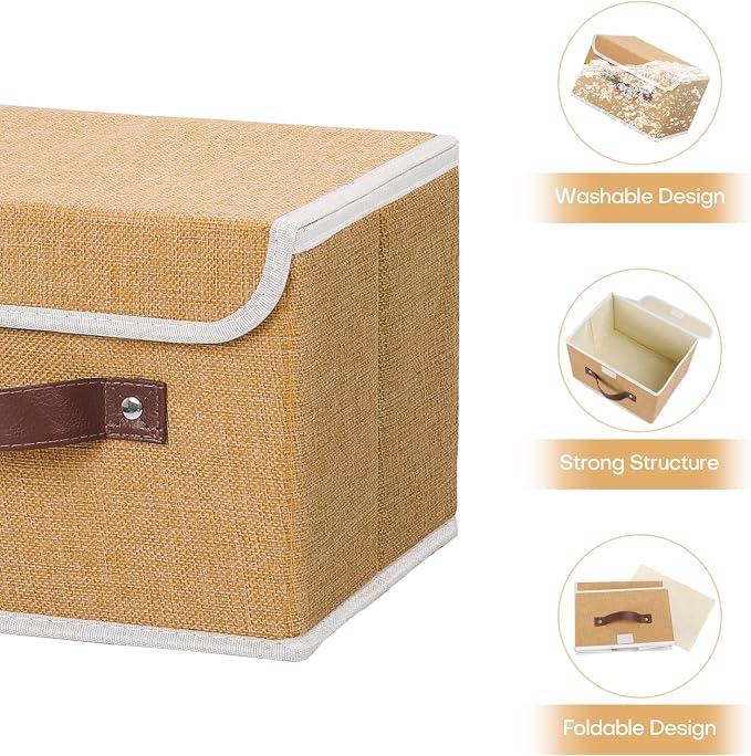 ANMINY Fabric Storage Box Bins with Lids, Khaki, 10"x8"x7" | Keepsake Memory Storage, Cotton Linen, PP Board Reinforced, Washable, PU Handles, Foldable & Stackable, Decorative, Small