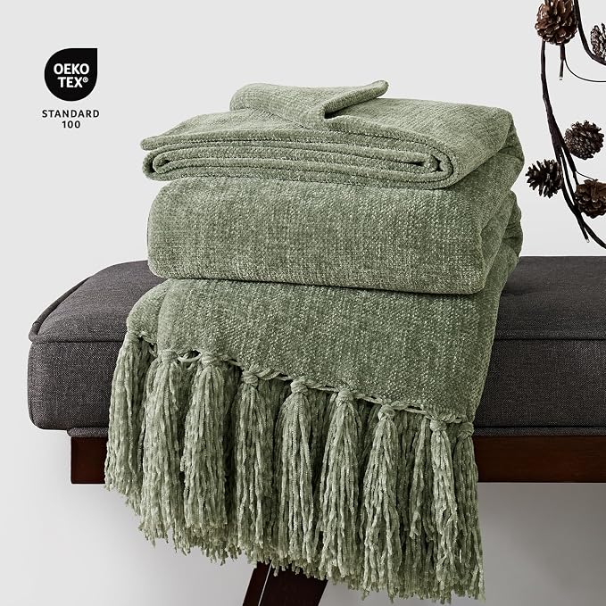 Chenille Knit Throw Blanket for Couch, 50"x60", Sage Green | Cozy Plush Fuzzy Knittd Throw with Tassels, Lightweight, Decorative, Farmhouse Decor, Ideal for Bed Sofa Gift, All Seasons
