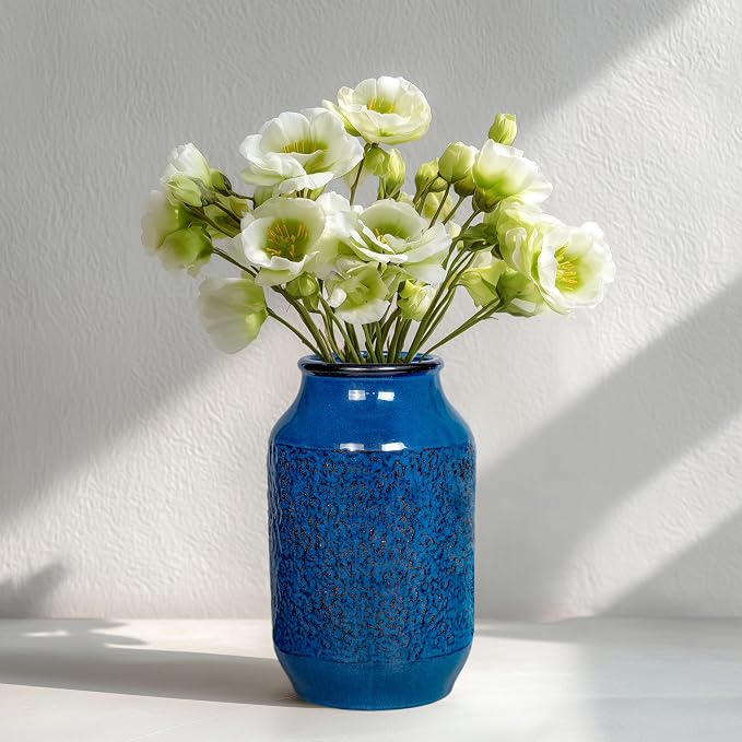 Blue Vase for Decor, 9 inch Ceramic Flower Vase, Modern Decorative Vases Home Decor, Bathroom Bedroom Office Living Room Shelf Decoration