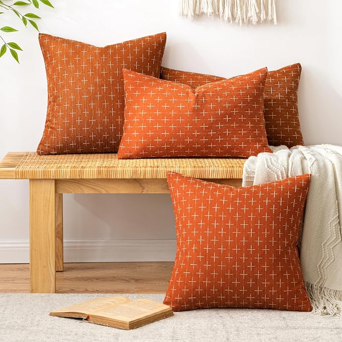 MIULEE Pack of 2 Decorative Burlap Linen Throw Pillow Covers Modern Farmhouse Pillowcase Rustic Woven Textured Cushion Cover for Sofa Couch Bed 16x16 Inch Rust
