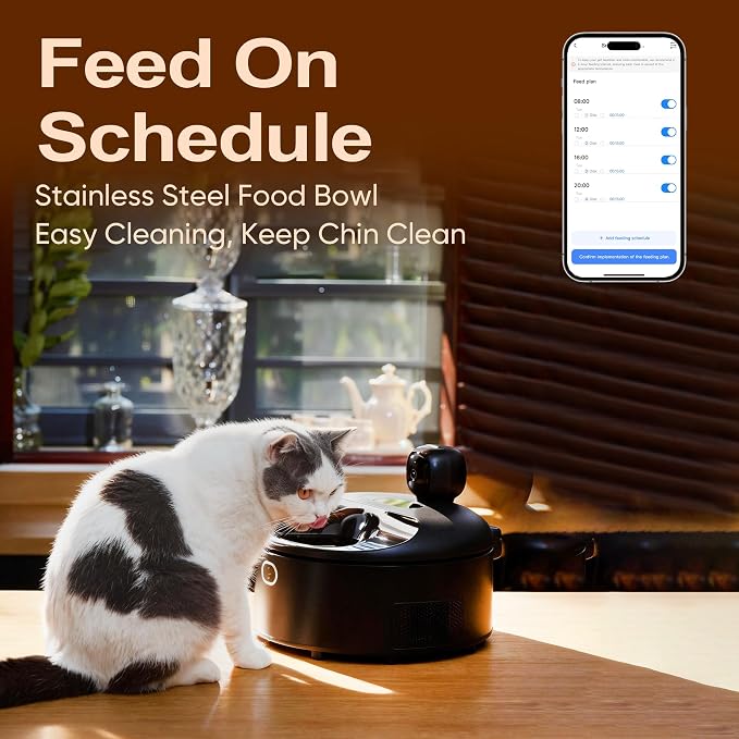 Wet Food Automatic Cat Feeder with Camera, Semiconductor Cooling & Heating with Stainless Steel Bowl, APP Control with Camera & Meal Call, 5 Fresh Meals Pet Food Dispenser (Black)