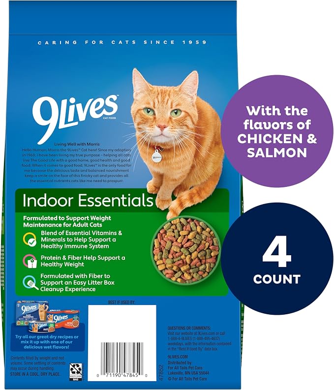 9Lives Indoor Essentials Dry Cat Food with Chicken & Salmon, 3.15 lb. Bag | 4-Pack, 100% Complete & Balanced Nutrition For Indoor Adult Cats With Lean Protein & Fiber To Help Support A Healthy Weight