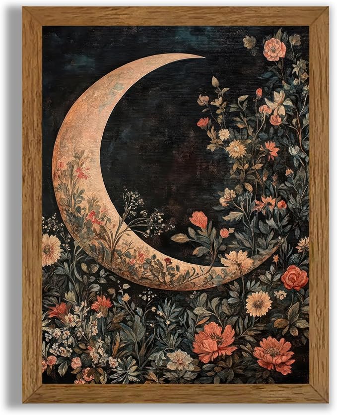 JLTULT Floral Moon Wall Art, Gothic Botanical Framed Canvas, 8 x 10 In | Dark floral moon art on fade-resistant canvas with a ready-to-hang wood frame for bedrooms, living rooms and bathrooms