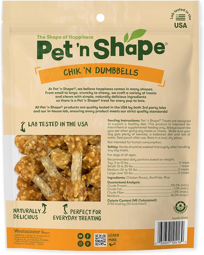 Pet 'n Shape Chik 'n Dumbbells: All-Natural, High-Protein Dog Treats; Limited Ingredient Chicken & Rice Chew for All Breeds, 32 Ounces | Premium chicken breast, Rice recipe, Limited ingredients, Wheat and soy free, Bite-sized snack, For all life stages