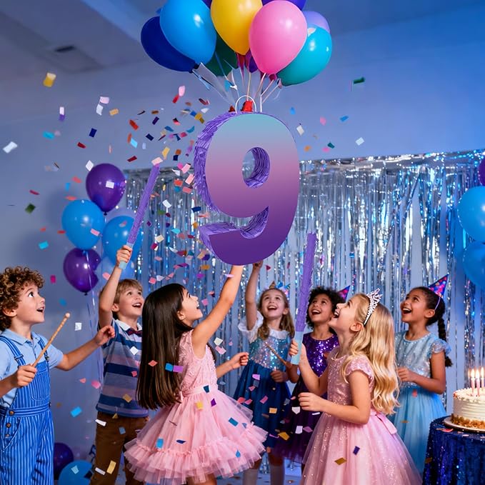 Purple Birthday Party Decorations, Purple Number 9 Pinata with Stick Blindfold Confetti for Girls Boys 9th Birthday Activity Game Gift (15.7 x 11.5 x 3 In)