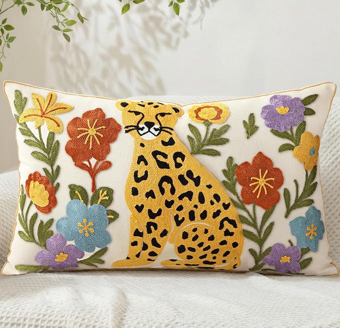 Animal Embroidered Lumbar Pillow Cover 20x12 Inch, Leopard Floral | Decorative Throw Pillow Cover, Boho Cushion Cases with Hidden Zipper, Fall Decor for Couch, Sofa, Living Room, Bed