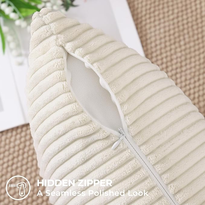 Mecatny Corduroy Fall Throw Pillow Covers 12x20 Set of 2 Cream White | Soft Striped Texture, Hidden Zipper Design, Neutral Boho Lumbar Pillow Cases for Sofa Couch Living Room Bedroom, Home Décor