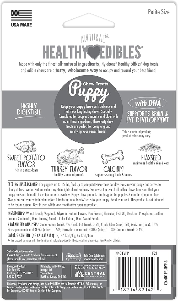 Nylabone Healthy Edibles Puppy Dog Treats, 4 Count | Turkey & sweet potato flavor, natural puppy treats, USA made, highly digestible, small dog treats for puppies up to 15 lbs