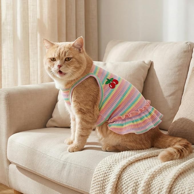 Jmkcoz Cute Striped Dog T Shirts Puppy Dress Pet Sleeveless Vest Clothes | Pink, Large, Soft, Lightweight, Breathable, Washable, Worn in All Seasons, Cherry Dog Shirts for Small Dogs Cats Chihuahuas