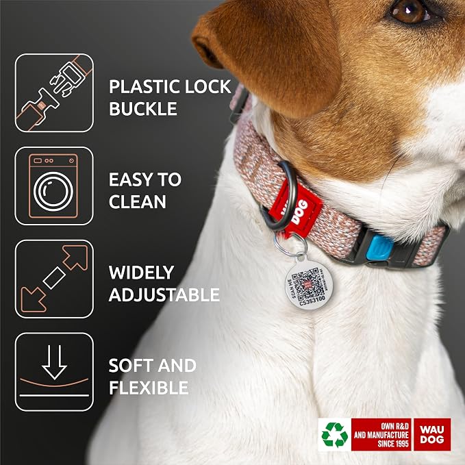 WAUDOG Reflective Cotton Dog Collar Eco-Friendly Alt to Nylon Collar for Small Medium and Large Dogs - Pet Collar with QR ID Tag - Puppy Collar for Large Breed Dogs - Adjustable Male Female Dog Collar
