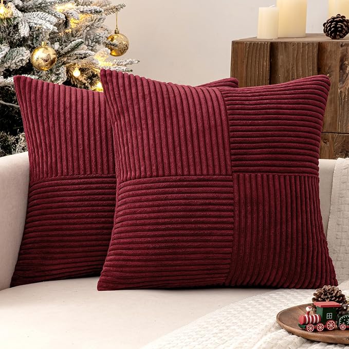 MIULEE Burgundy Decorative Throw Pillow Covers for Couch 20x20 Inch | 2 Pack, Boho Farmhouse Pillow Covers, Soft Cross Corduroy Patchwork Textured Cushion Cases For Bed Sofa