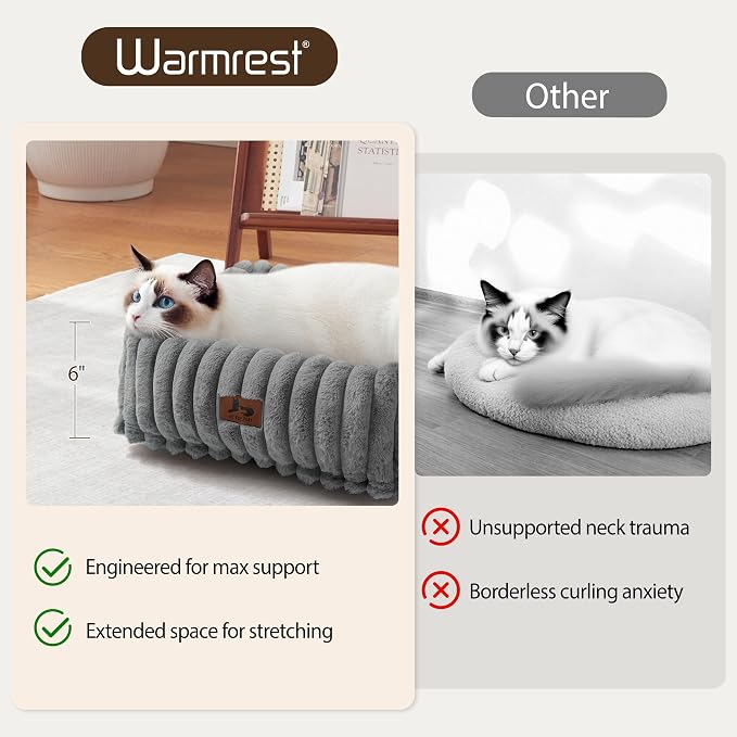 Cute Dog Bed for Small Dogs & Cats,Washable Fluffy Cat Beds for Indoor Cats, Rectangle Orthopedic Memory Foam Puppy Beds with Anti-Slip Bottom, 20 x19 x 7 Inches, Grey (20x19x6 inches)