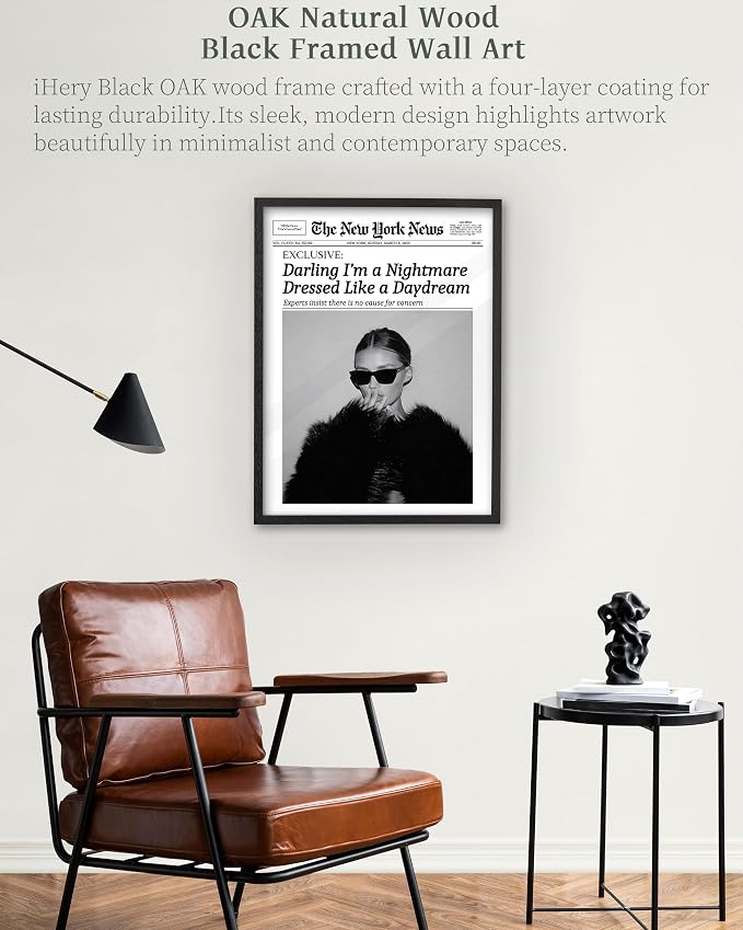 iHery 12x16in Darling I'm a Nightmare Framed Newspaper Wall Art | Premium Black OAK Wood Frame with Canvas Print, Vintage Fashion Decor for Bedroom, Dorm, Living Room and Gallery Wall, 1Pack