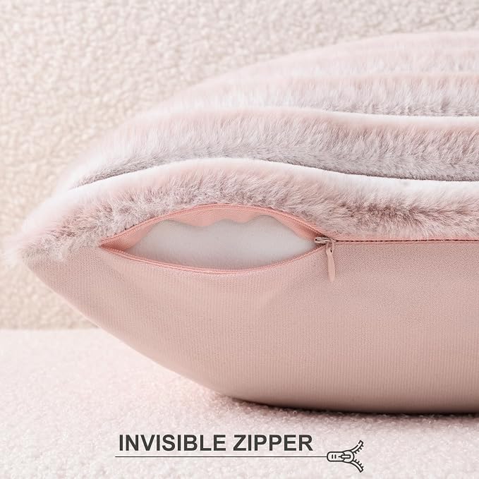 Pallene Faux Fur Decorative Throw Pillow Covers 12x20 Set of 2, Ombre Pink | Luxury Plush Texture, Striped Design, Cozy Soft Touch, Modern Home Accent Decor for Couch, Sofa, Bed, Living Room
