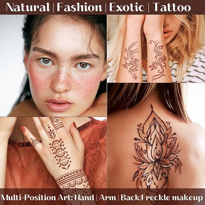 Brown Temporary Tattoo Kit,Temporary Tattoos Stencils Kit (3pcs Brown tattoo cones 4 Reusable Templates 1Pcs Tattoo Outline Pen)， Waterproof,DIY Body Art for Women Men