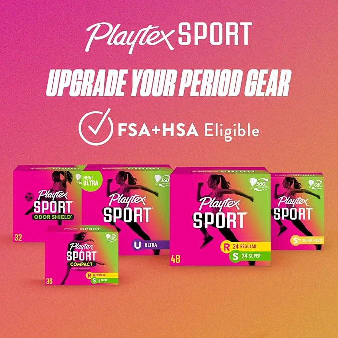 Playtex Sport Odor Shield Tampons Super Absorbency, Unscented - 32ct | Super Tampons for Women, Feminine Care, Playtex Tampon with 360 Leak Defense and Odor Control
