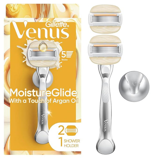 Venus Moistureglide Women's Razor, Reusable Handle, 2 Razor Blade Refills and Shower Holder