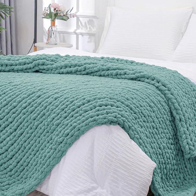 Bigacogo Chunky Knit Throw Blanket for Couch, 40x80 inches, Light Teal | Hand Knit with Jumbo Chenille, Soft Breathable Cable Knit for Sofa Bed Living Room, Machine Washable, Gift for Mom Friend