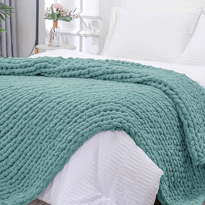 Bigacogo Chunky Knit Throw Blanket for Couch, 51x63 inches, Light Teal | Hand Knit with Jumbo Chenille, Soft Breathable Cable Knit for Sofa Bed Living Room, Machine Washable, Gift for Mom Friend