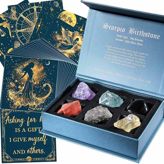 Faivykyd Scorpio Crystals Gifts for Women, 6 Scorpio Zodiac Healing Stones w/50 Miracle Mantras Affirmations Cards, Spiritual Gifts for Positive Energy, Self-Love & Wealth