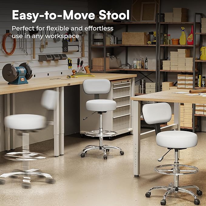 SUPERJARE Drafting Chair with Back, Adjustable Foot Rest Rolling Stool, Multi-Purpose Office Desk Chair, Thick Seat Cushion for Home Bar Kitchen Shop - White 7205W